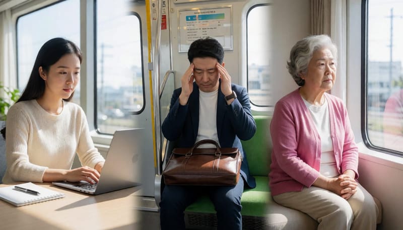 연령대별로 다르게 나타나는 불안 모습을 보여주는 20대·40대·70대 한국인 비교 장면