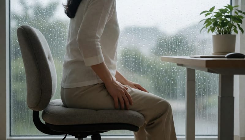 장마철 실내에서 앉은 자세를 불편해하며 자세를 고쳐 앉는 여성의 뒷모습