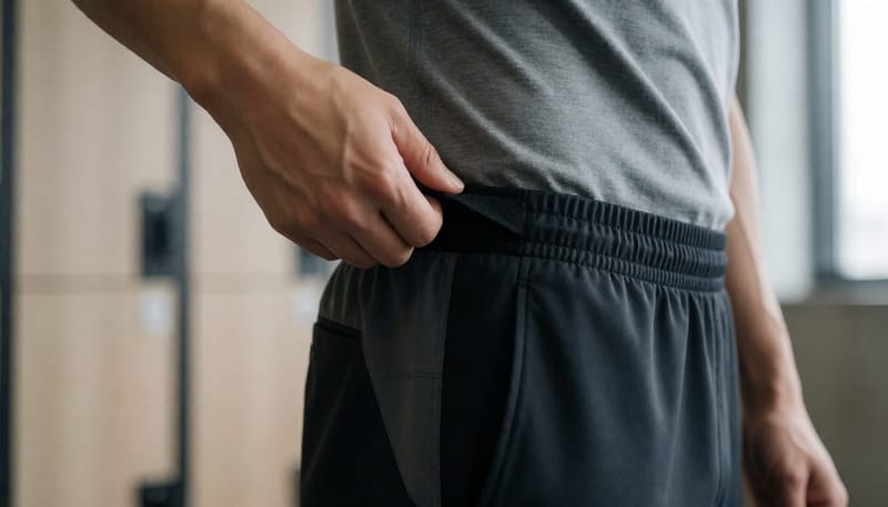 운동 후 꽉 끼는 옷 허리춤을 만지며 마찰 부위를 확인하는 남성의 손 클로즈업