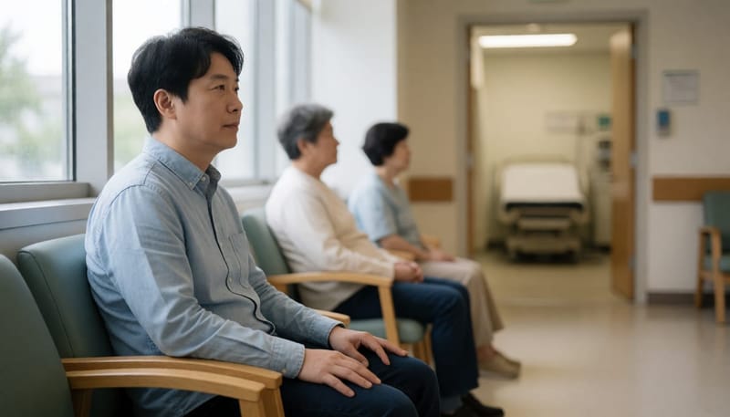 병원 대기실에 앉아 진료실 쪽을 바라보며 고민하는 남성