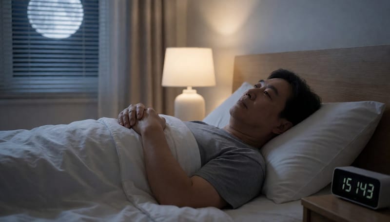 밤에 명치 부위를 손으로 누르며 불편해하는 남성