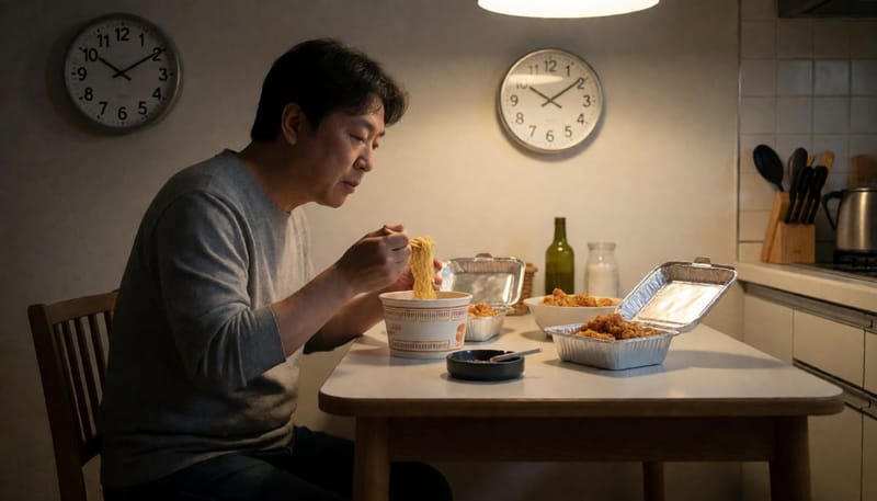 복부비만 체형의 남성이 야식과 흡연을 즐기는 늦은 밤 주방 모습