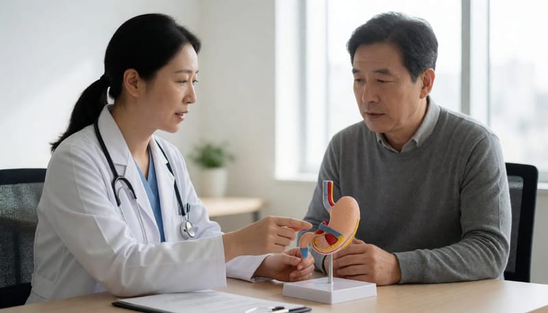 의사가 환자에게 식도와 위 모형으로 하부식도괄약근 문제를 설명하는 진료실 장면
