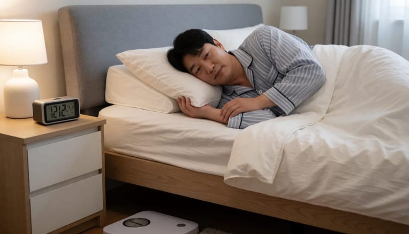 남성이 상체를 높인 자세로 왼쪽으로 누워 자며 체중계와 시계가 보이는 침실 장면