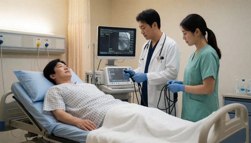 내시경 검사를 준비하는 의료진과 환자가 있는 병원 검사실 전경