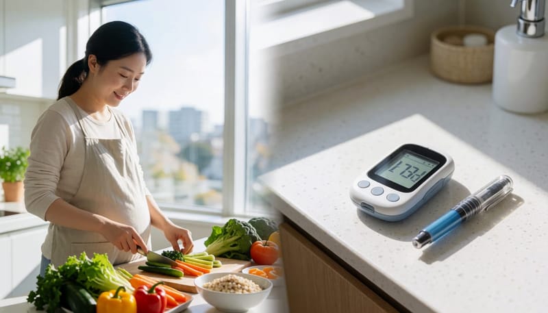 건강한 식단 준비와 혈당 관리 도구를 나란히 보여주는 장면
