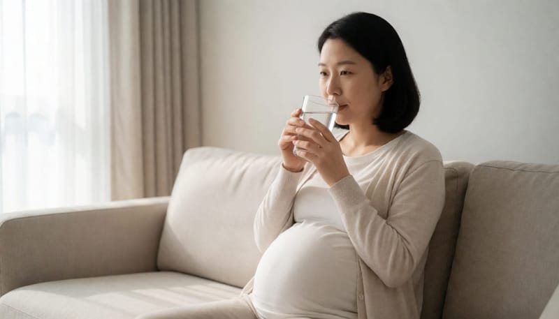 임산부가 거실 소파에서 물을 마시는 모습