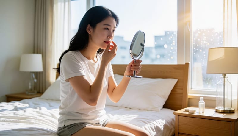 아침에 거울로 눈꺼풀 안쪽을 확인하는 여성