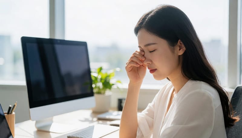 업무 중 눈을 비비며 불편함을 느끼는 여성