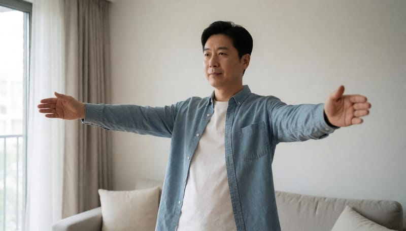 양팔을 벌려 스스로 주변 시야를 확인해보는 남성