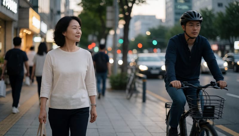 저녁 거리에서 옆에서 다가오는 자전거를 뒤늦게 알아채는 여성