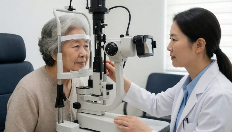 시야검사 장비 앞에 앉아 검사를 받는 중년 여성과 기사