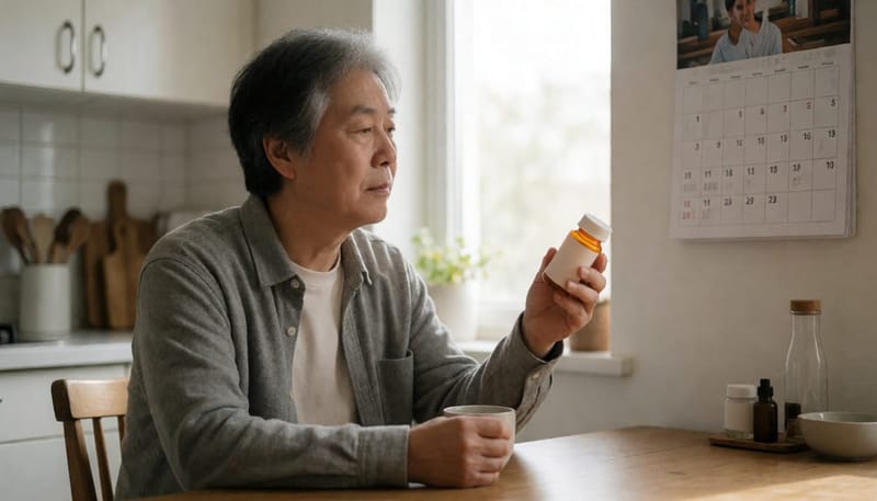 약병을 든 채 달력을 보며 무언가를 떠올리려 애쓰는 중년 남성