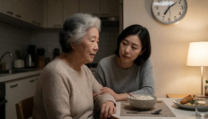 저녁 시간 부엌 식탁에서 어머니와 딸이 마주 앉아 대화하는 모습