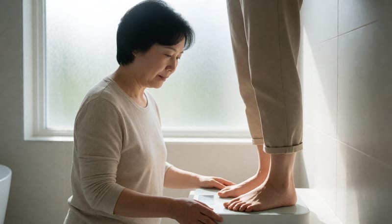 욕실 체중계 위에 선 중년 여성