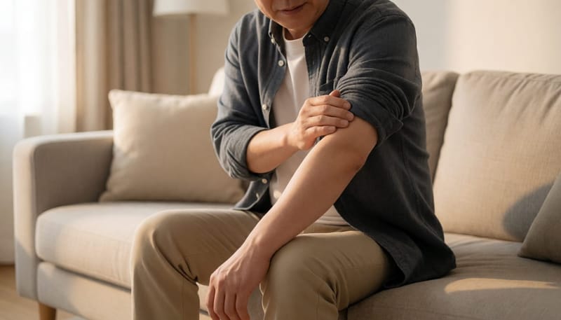 거실에서 팔 근육 만지는 모습
