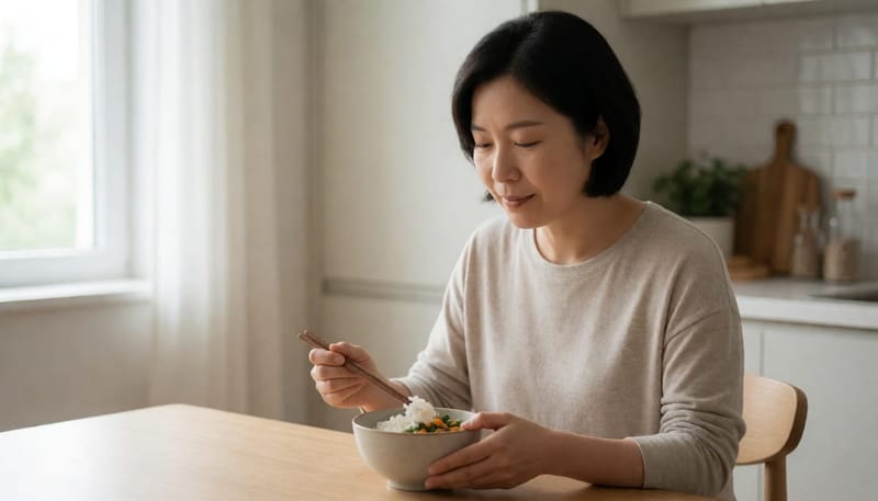 적은 양의 식사를 마치는 여성