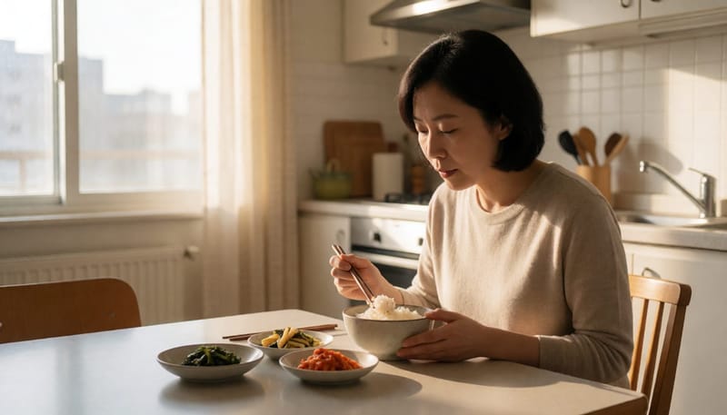 집에서 식사하는 한국인 여성의 모습