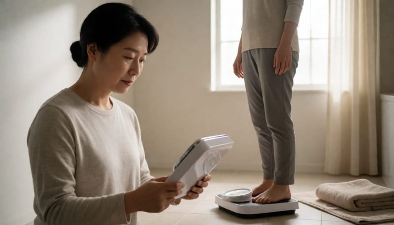 욕실 체중계에 오른 한국인 여성