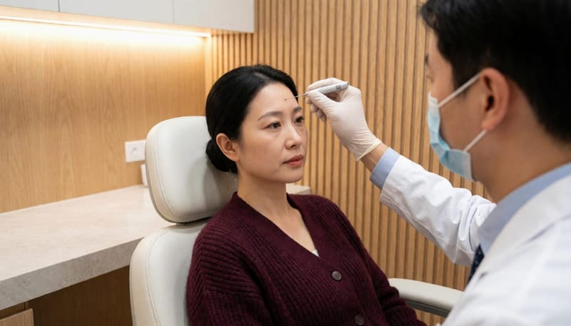 부위마다 소량씩 나누어 주사하는 시술 장면입니다.