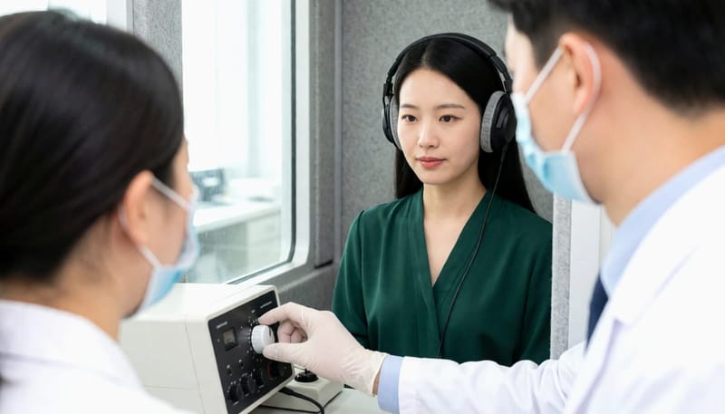 순음청력검사는 방음 부스에서 헤드폰으로 들리는 소리에 반응해 주파수별 청력 수준을 측정하는 방식으로 진행됩니다.