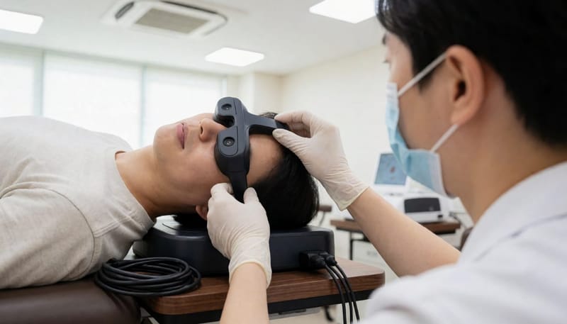 비디오안진검사로 눈떨림을 관찰하는 검사 장면