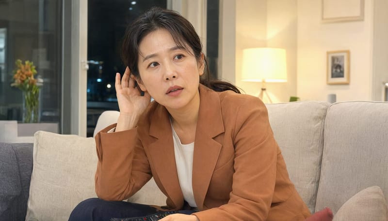 거실에서 티브이 소리를 놓쳐 몸을 기울이는 모습