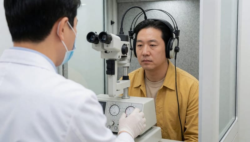 방음부스 안에서 순음청력검사를 받는 모습
