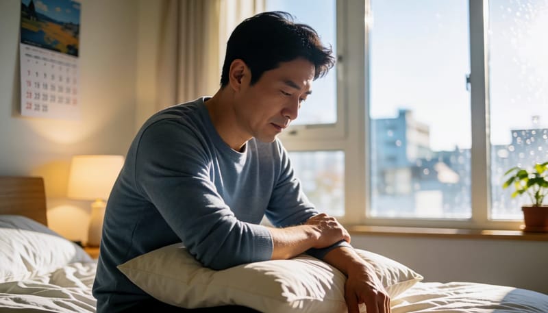 침대에 앉아 팔꿈치 상태를 살피는 남성