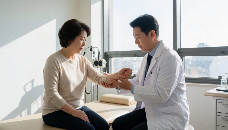 병원에서 의사가 환자의 팔꿈치와 손목을 진찰하는 모습