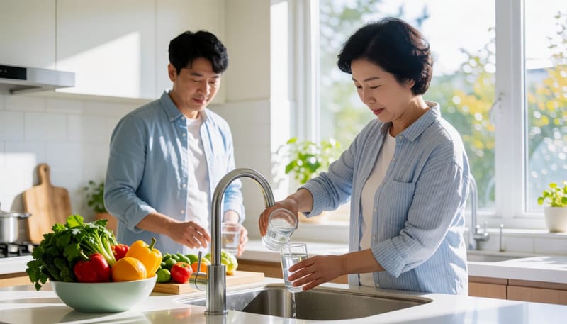 물을 마시고 채소 위주 식사를 준비하는 환절기 생활습관 장면