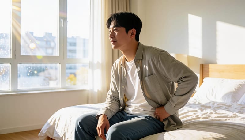 사타구니 부위 불편함을 느끼며 침대에 걸터앉은 남성