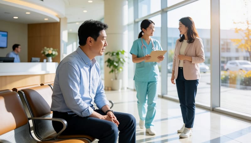 증상이 심해져 병원 진료를 기다리는 환자와 다가오는 간호사