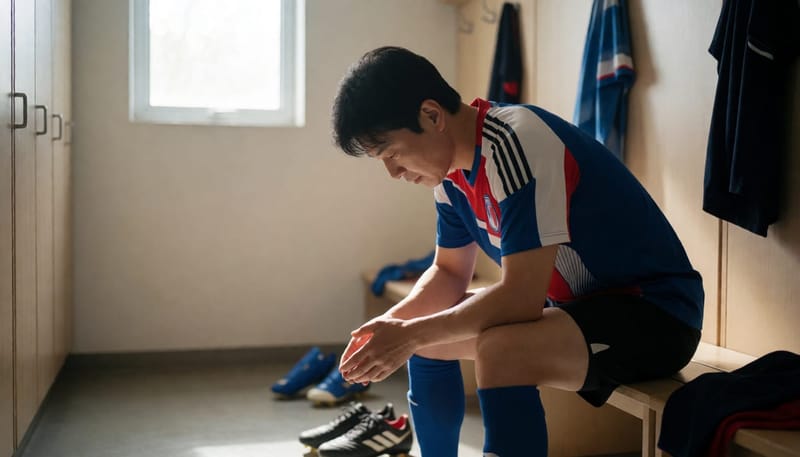 조기축구 후 사타구니를 손으로 누르며 통증을 살피는 남성