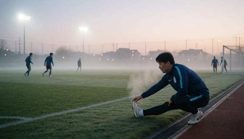 쌀쌀한 새벽 안개 속 축구장에서 스트레칭하는 남성
