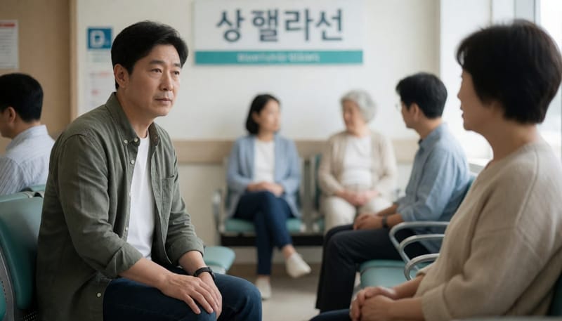 통증이 심해 병원 진료를 기다리며 앉아있는 남성