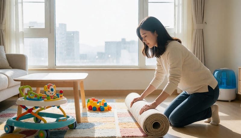 환절기 실내 환경을 점검하며 러그를 정리하는 엄마