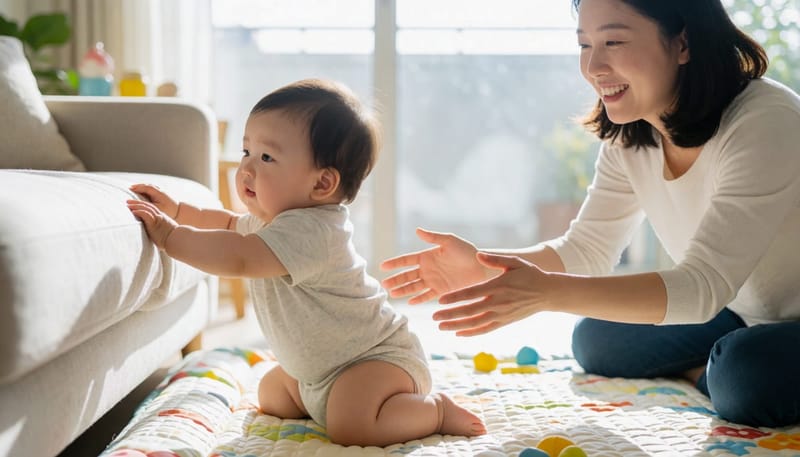 소파를 잡고 일어서려는 아기와 지켜보는 엄마