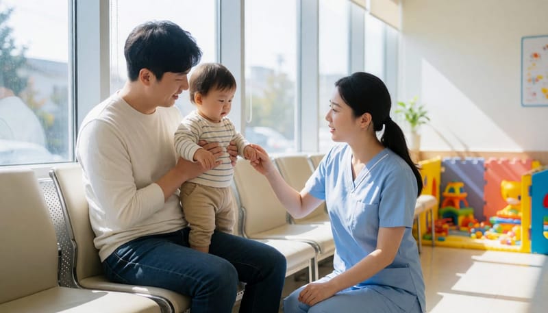 소아과에서 아이의 상태를 살피는 아빠와 간호사