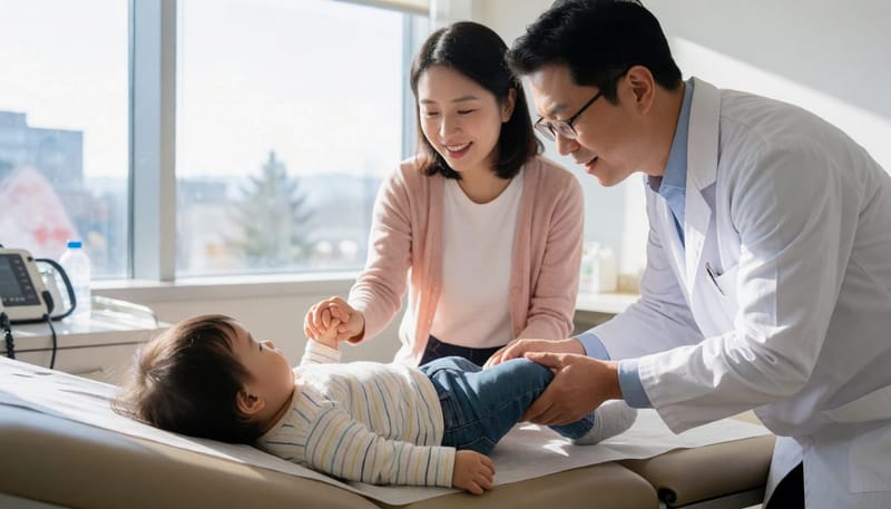 진료실에서 아이의 다리와 고관절을 살펴보는 의사