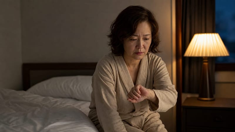 밤에 깨어 시계를 확인하는 모습은 불면증에서 흔히 나타나는 장면입니다