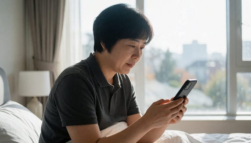 늦은 밤까지 잠들지 못해 스마트폰 화면을 들여다보는 모습