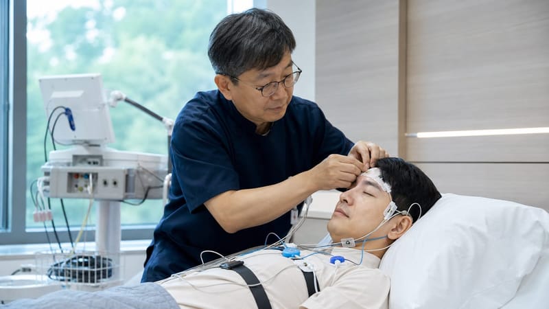 수면다원검사는 뇌파, 안구운동, 호흡, 산소포화도 등을 하룻밤 동안 함께 기록합니다.