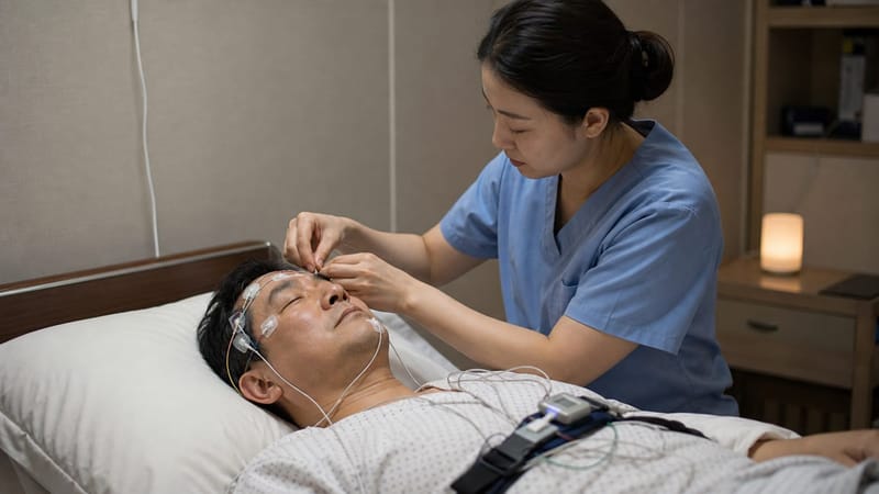 수면다원검사는 뇌파와 호흡, 산소포화도 등을 하룻밤 동안 함께 기록합니다.