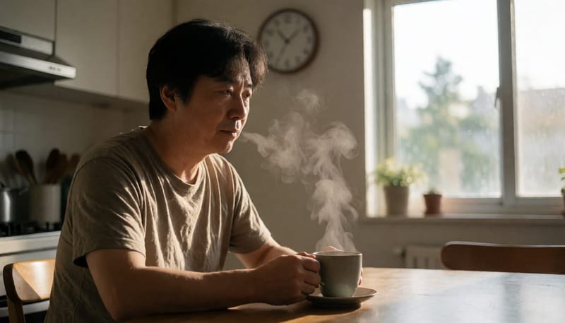 피곤한 표정으로 아침 식탁에서 커피잔을 감싸 쥔 중년 남성