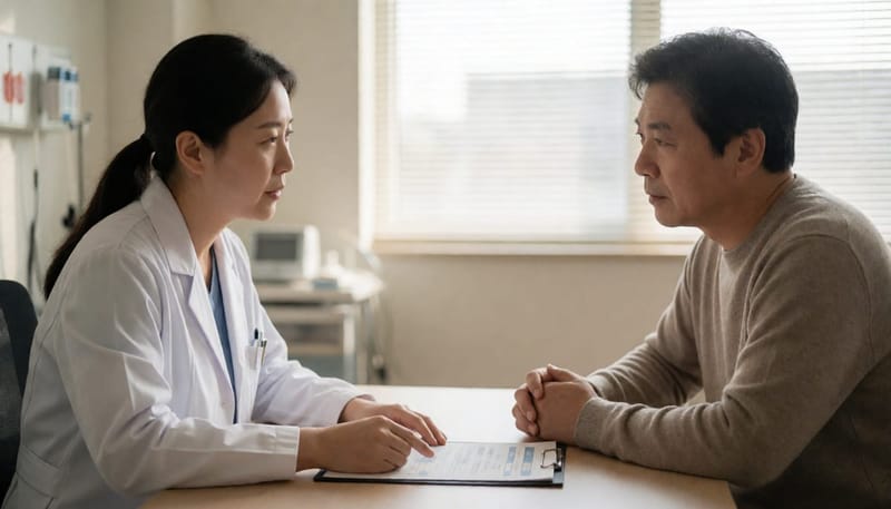 의사가 환자에게 검사 결과지를 보며 상담하는 진료실 모습