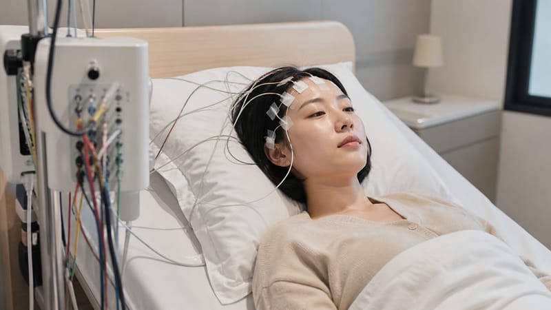 수면다원검사 중 뇌파와 호흡 등을 함께 기록하는 모습