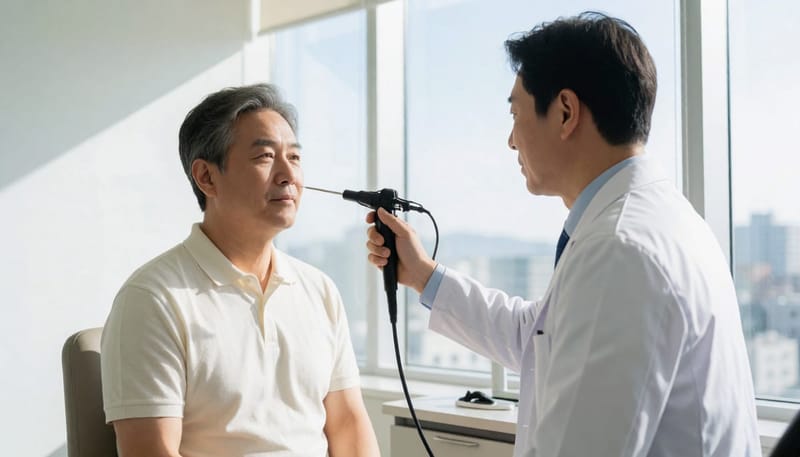 코 내시경 검사는 가는 렌즈로 비강과 부비동 입구 주변을 직접 관찰하는 방식으로 이뤄집니다.