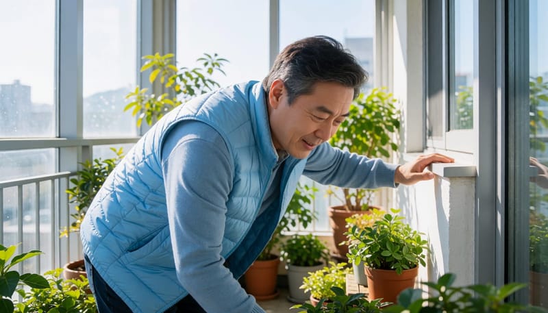 고개를 숙였다 드는 순간 어지럼을 느끼는 상황을 보여주는 장면