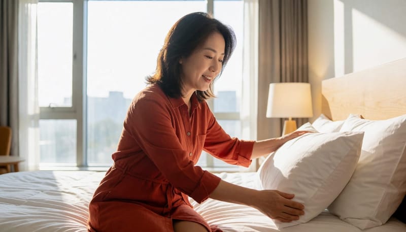 베개 높이를 조절해 수면 자세를 점검하는 모습